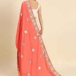 Dupatta Bazaar Women Coral & Green Embroidered Velvet Dupatta with Thread Work image 4