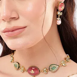 Nuyug Multi-Color Brass 22K Gold Plated Necklace with Pair Of Earrings-image-22