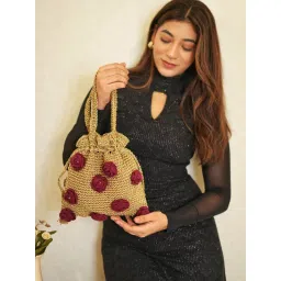ITIHASIKALA Beige Twilight Rosette Crochet Potli image 1