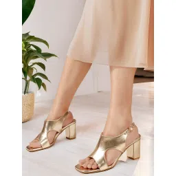 ELLE Women Gold Solid Block Heel Sandals with Buckle Details image 1