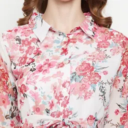 MJ LIFE STYLE Women Floral Print Regular Fit Band Collar Tie-Waist Tunic Top image 3