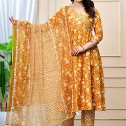 aayusika Floral Printed V-Neck Angrakha Anarkali Pure Cotton Kurta With Trousers & Dupatta-image-40