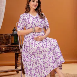 BAESD Women Floral Printed Puff Sleeve Cotton Gown Dress image 4