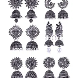 Sangria Set Of 6 Silver Plated Oxidized Jhumka Earrings-image-92