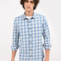 Blu MNKY Classic Slim Fit Checked Spread Collar Long Sleeves Pure Cotton Shirt-image-20