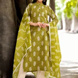 Anouk Floral Printed Mandarin Collar Straight Pure Cotton Kurta With Trousers And Dupatta-image-1