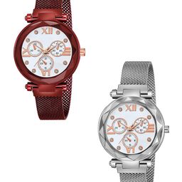 CSAMON Women Pack Of 2 Embellished Dial Analogue Watch Mina White Dial Red Silver maganet-picture-25