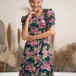 AASK Floral Printed Puff Sleeve Fit & Flare Dress image 5