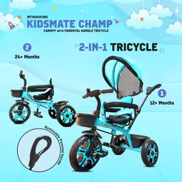 kidsmate Champ Tricycle with Canopy Plug N Play Kids/Baby Tricycle with Safety Guard Rail | Parental Control | Fabric Cushion Seat & Bell for 12 Months to 48 Months Tricycle image 3