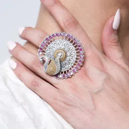 CAO Jewellery Artificial Stones Studded Peacock Design Adjustable Finger Ring image 2
