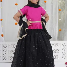 Little Bansi Girls Chanderi Blouse & Boota Embellished Lehenga with Lace & Dupatta- Black image 2