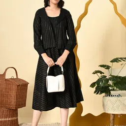 DIIWATAA Women Polka Dots Printed A-Line Midi Dress With Jacket-picture-25