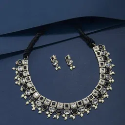 NAMAN ARTS Silver-Plated Stone Studded & Beaded Oxidised Jewellery Set image 1