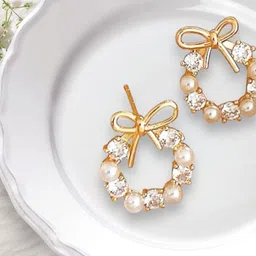 PolluxCraft Gold Plated Stones Studded And Pearls Beaded Korean Circular Shaped Studs image 4