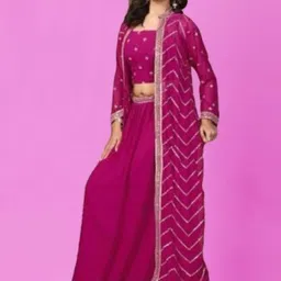 PARROT CREATION Geometric Embroidered Georgette Crop Top With Skirt & Shrug-picture-26