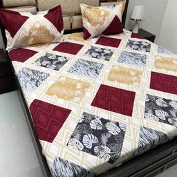 Pure Decor Maroon & Blue Floral Queen Bedsheet with 2 Pillow Covers-image-49