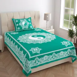 MANDAKINI Teal & White Ethnic Motifs 144 TC Single Bedsheet with 1 Pillow Covers-picture-15