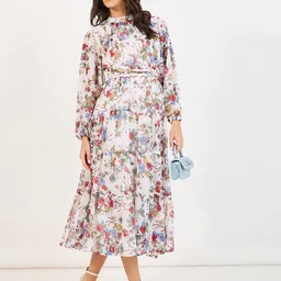 Styli Women Floral Printed High Neck Puff Sleeve A-Line Maxi Dress-image-79