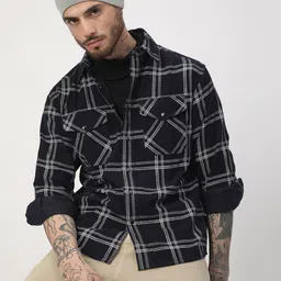 VASTRADO Men Classic Slim Fit Black Checked Casual Overshirt image 5