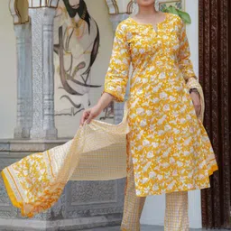 KALINI Floral Printed Pure Cotton Straight Kurta With Trousers & Dupatta image 3