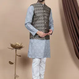 Anouk Geometric Printed Regular Pure Cotton Straight Kurta With Churidar & Nehru Jacket image 4