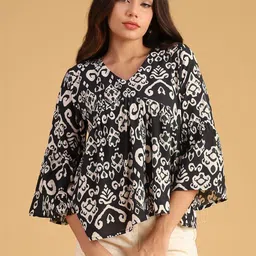 LIMEROAD Ethnic Motifs Printed V-Neck Flared Sleeves Kurti-image-81