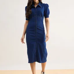 Orchid Blues Puff Sleeve Denim Sheath Midi Dress-picture-38
