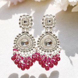 MEIRA JEWELLERY Silver Plated Kundan Stones Studded & Pearls Beaded Teardrop Drop Earrings-picture-34