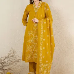 Indo Era Women Solid Embroidered Cotton Kurta with Trousers & Dupatta-picture-18