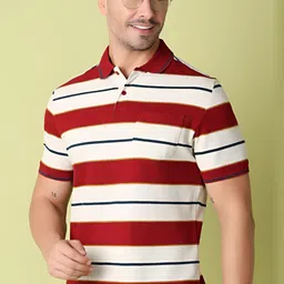 V-Mart Men Striped Polo Collar Cotton T-shirt image 1