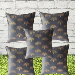 Pink Parrot Grey & Gold-Toned Set of 5 Ethnic Motifs Square Cushion Covers-image-6