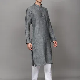 Exotic India Men Regular Plain Pure Linen Mandarin Collar Kurta with White Pajama Set image 4
