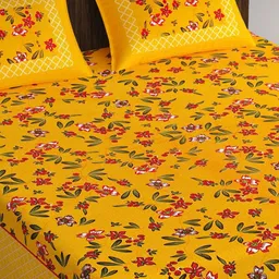 Cosito Yellow & Red Floral 144 TC Queen Bedsheet with 2 Pillow Covers image 3