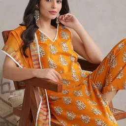 IkDaiya Women Ethnic Motifs Printed Regular Pure Cotton Kurta with Trousers & With Dupatta image 4