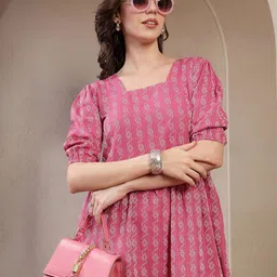 Tzelynn Women Square Neck Puff Sleeve Pure Cotton Fit & Flare Dress image 5