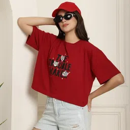 tom and jerry by dreambe Women Printed, Typography Round Neck Pure Cotton Red T-Shirt-picture-12
