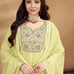Anouk Lime Green Embroidered Thread Work Pure Cotton Kurta with Trouser & Dupatta image 1