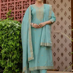 SANISA Floral Printed V-Neck Straight Kurta With Trousers & Dupatta image 5