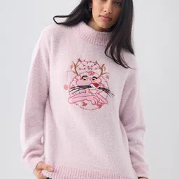 The Souled Store Women Graphic Embroidered Turtle Neck Pink Panther Pullover-picture-10
