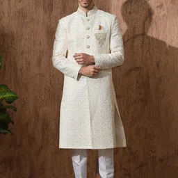 Aesthelia Self Design Mandarin Collar Pure Cotton Sherwani-picture-47