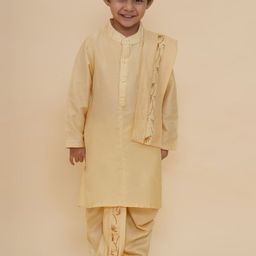 Sethukrishna Boys Band Collar Art Silk Straight Kurta With Dhoti Pants And Angavastram-picture-0
