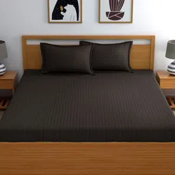 WEAVE AND DECOR Coffee Brown Striped 300 TC Queen Bedsheet with 2 Pillow Covers-picture-33