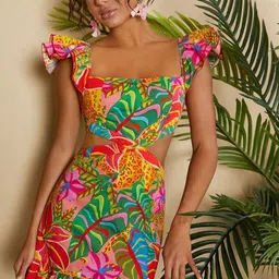 Berrylush Tropical Printed Square Neck Ruffled A-Line Mini Dress-image-34