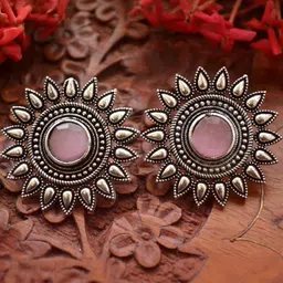 SHREEVARAM Oxidised Silver & Pink Semi-Precious Stone & Sura Engraving Stud Earrings-picture-36