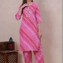 KALINI Printed Round Neck Thread Work Pure Cotton Straight Kurta with Palazzos image 4