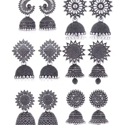 MEENAZ Set Of 6 Silver-Plated Stones Studded & Beaded Dome Shaped Oxidised Jhumkas-image-69