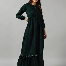 Femvy Tie-Up Neck Gathered or Pleated Casual A-Line Maxi Dress-image-97