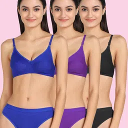 samvar Women Blue,Purple,Black Cotton Bra Panty Set for Lingerie Set Undergarments Pack of 3-picture-24