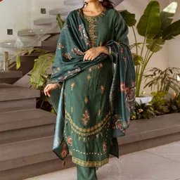 HERE&NOW Floral Embroidered Regular Thread Work Kurta With Trousers & Dupatta image 4