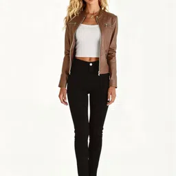 HERE&NOW Women Stand Collar Solid Leather Jacket-picture-22